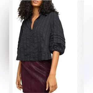 Free People Happy Days Puff Sleeve Black Button-Up Women's Top
